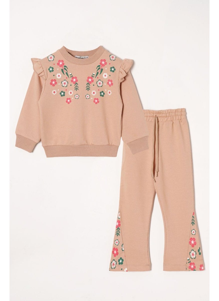 Crew Neck Long Sleeve Floral Embroidery Printed Mink Color Girl's Two Piece Set