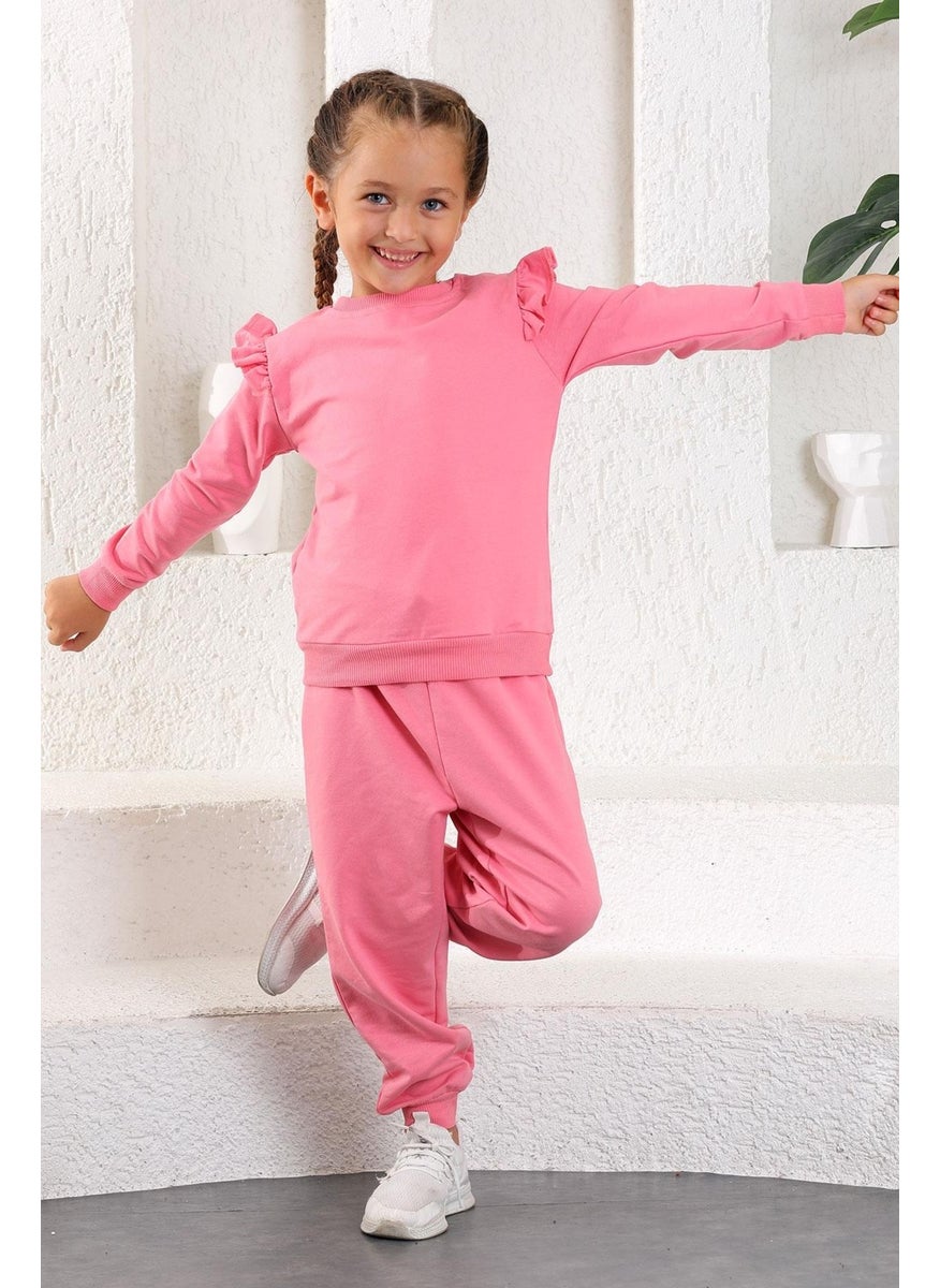 Girls' Ruffle Detailed Shoulder Two Piece Set 3-12 Years Old