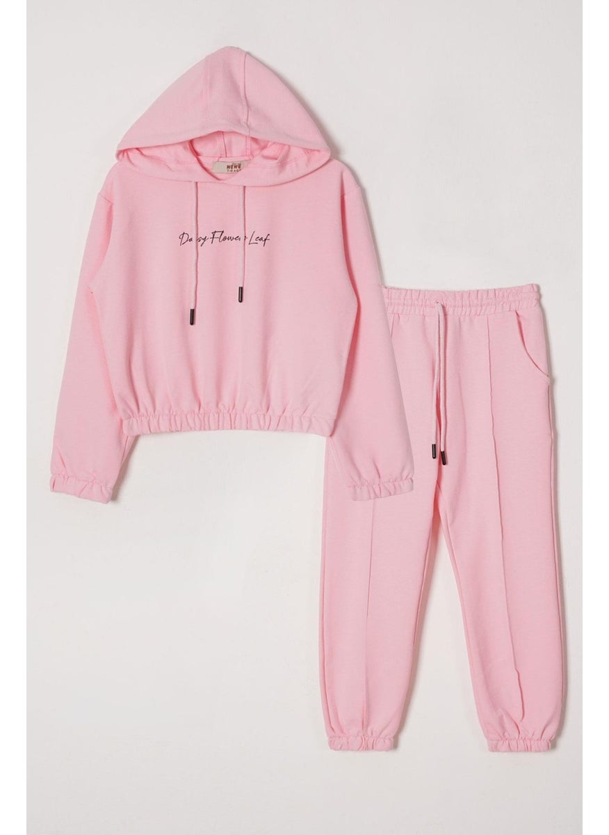 Hooded Long Sleeve Daisy Flowrs Leaf Printed Light Pink Color Girl's Two Piece Set