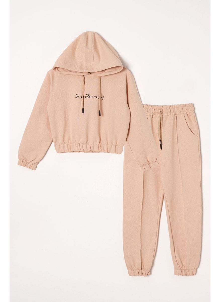 Hooded Long Sleeve Daisy Flowers Leaf Printed Mink Color Girl's Two Piece Set