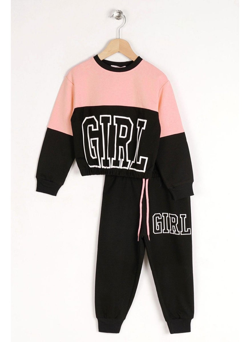 Girl's Salmon Colored Girls Printed Tracksuit