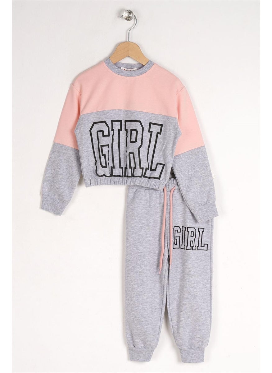 Girl's Salmon Colored Girls Printed Tracksuit