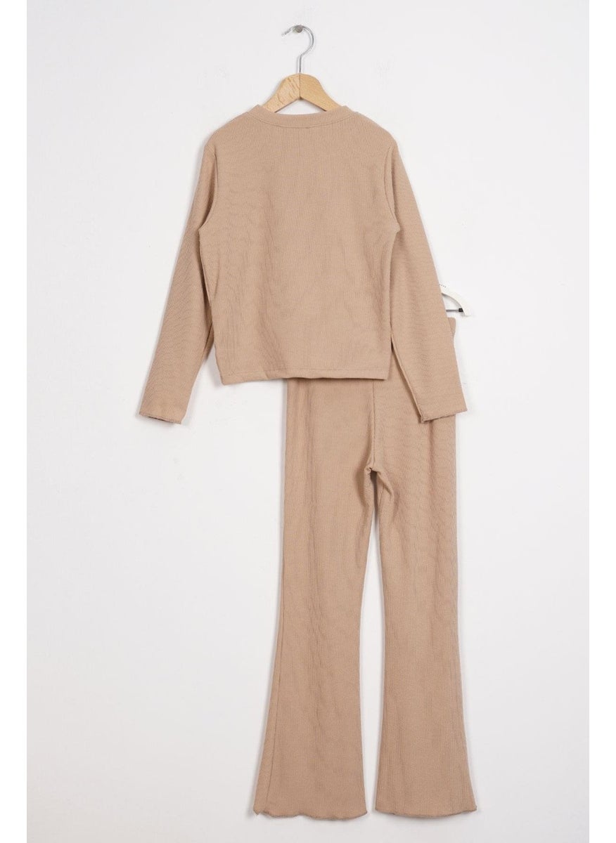Crew Neck Long Sleeve Printed Beige Color Girl Child Trouser Set