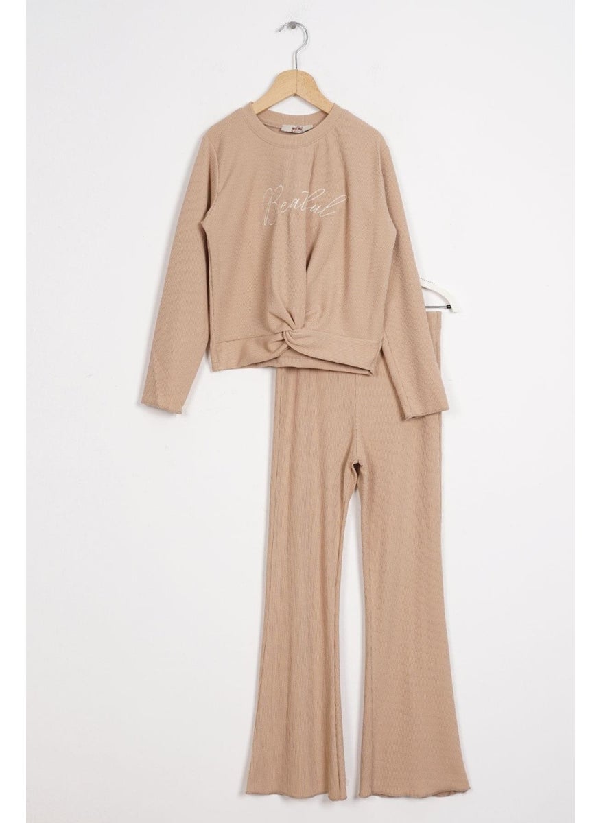 Crew Neck Long Sleeve Printed Beige Color Girl Child Trouser Set