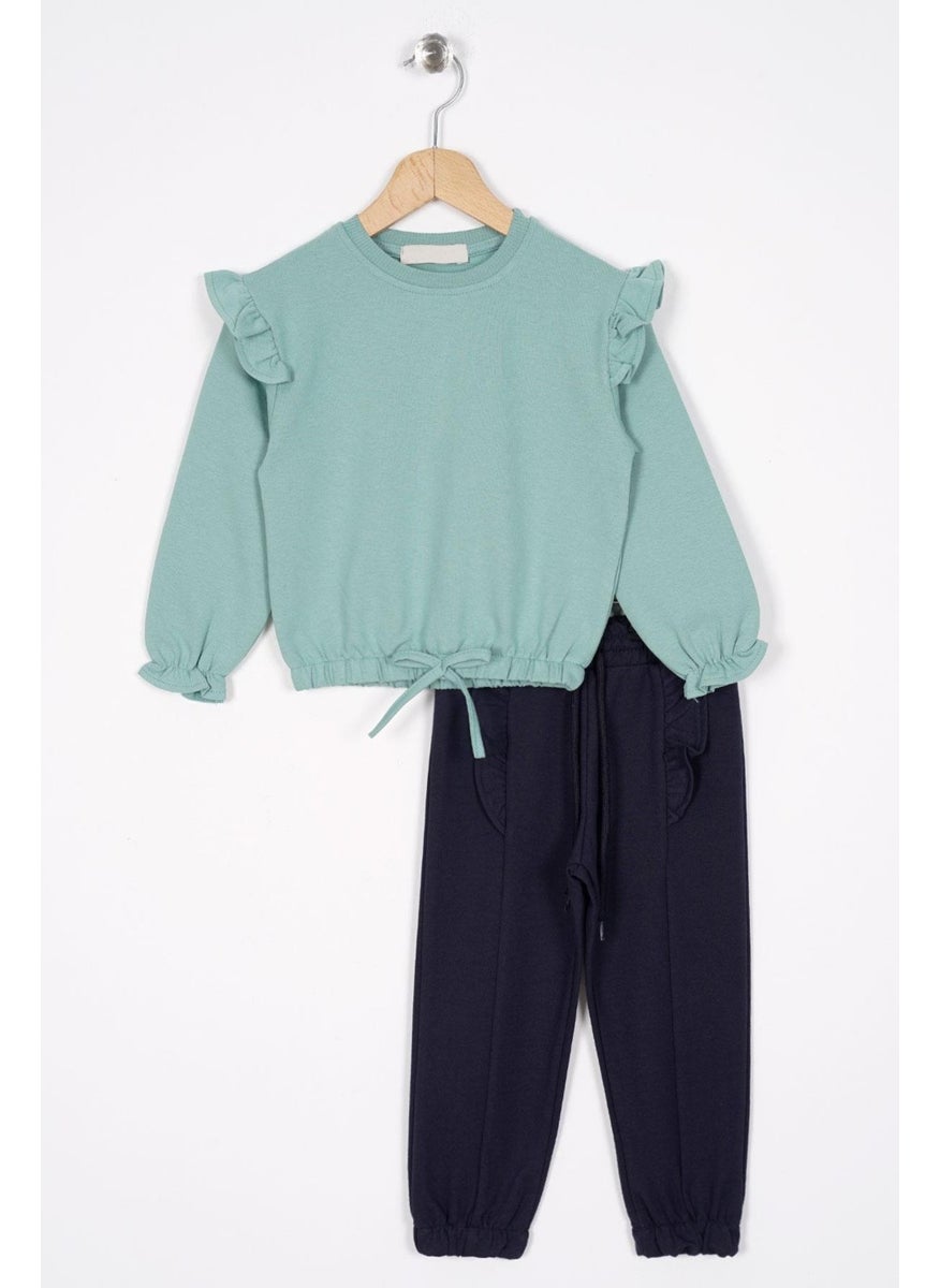 Crew Neck Long Sleeve Long Sleeve Trousers with Stitching Detail Mint Navy Blue Color Girl Tracksuit Set