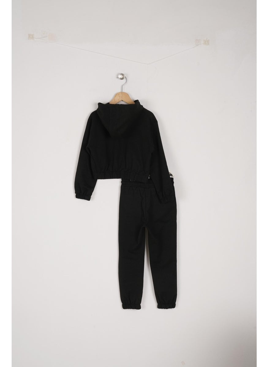 Girls Black Daisy Flowrs Leaf Printed Hooded Two Piece Set