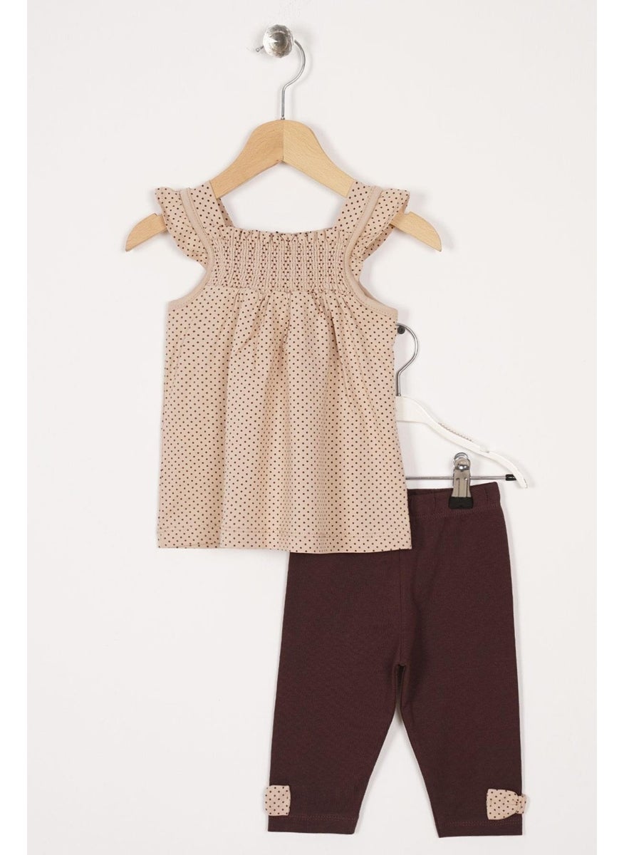 Square Collar Ruffle Sleeve Polka Dot Beige Polka Dot Color Girl's Tights Set