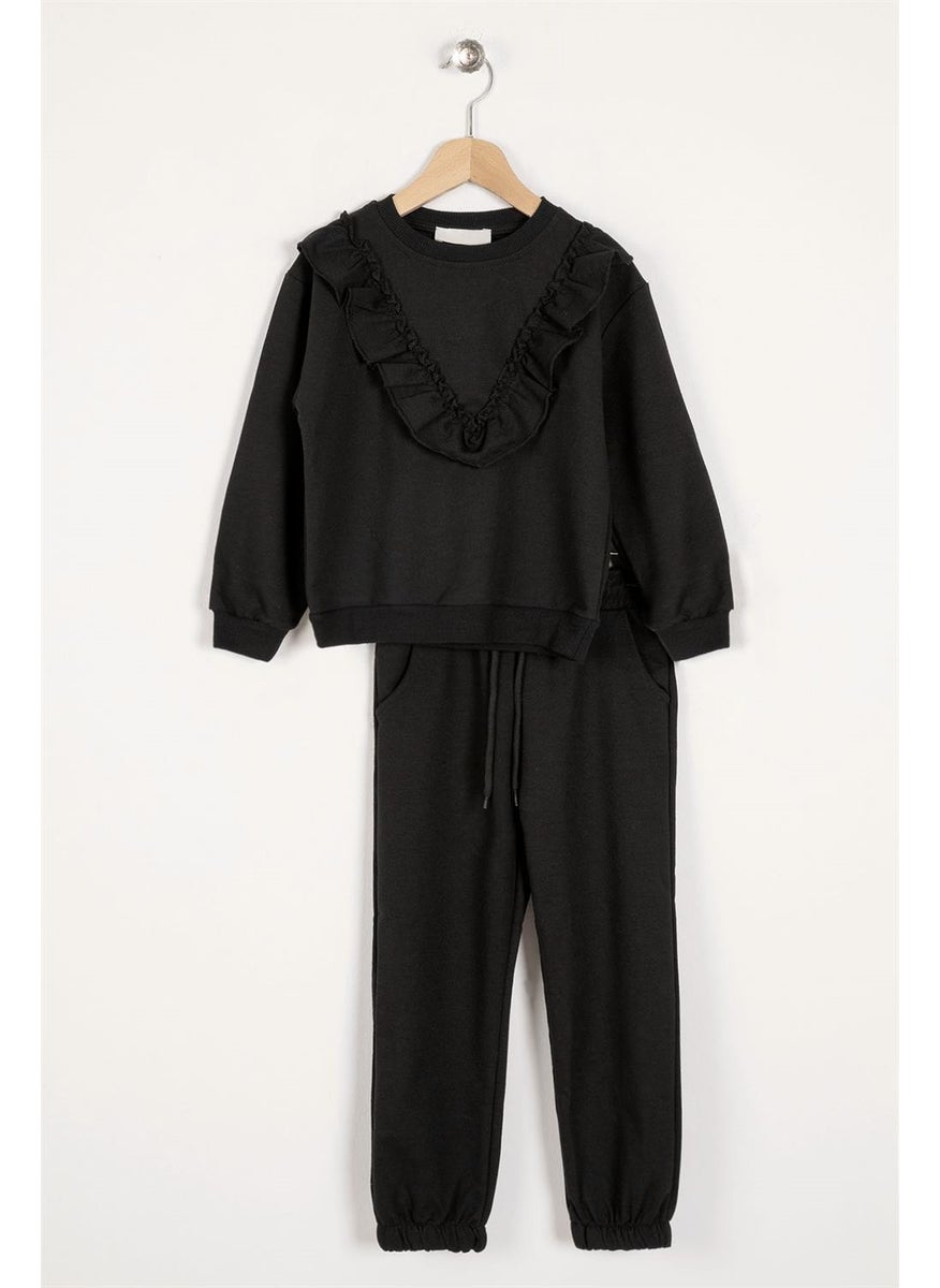 Girl Black Colored Ruffle Detailed Two Piece Set