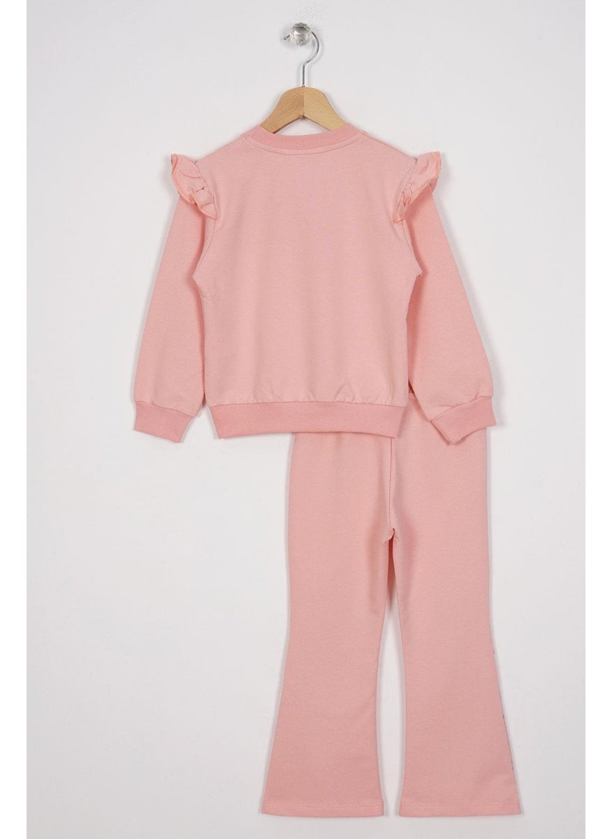 Crew Neck Long Sleeve Flower Embroidery Printed Salmon Color Girl's Two Piece Set