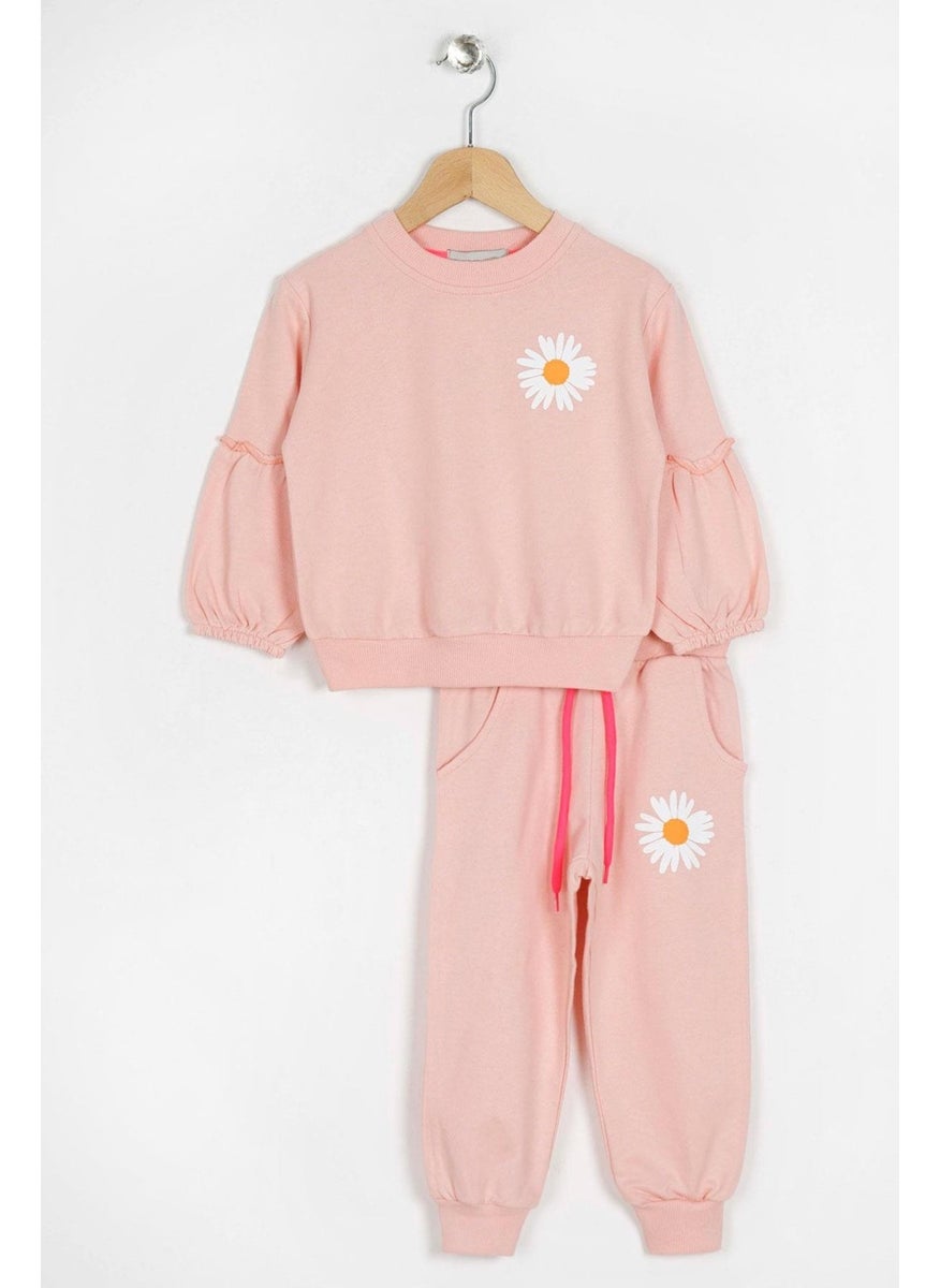 Girls Pink Colored Ruffled Sleeve Tracksuit Set