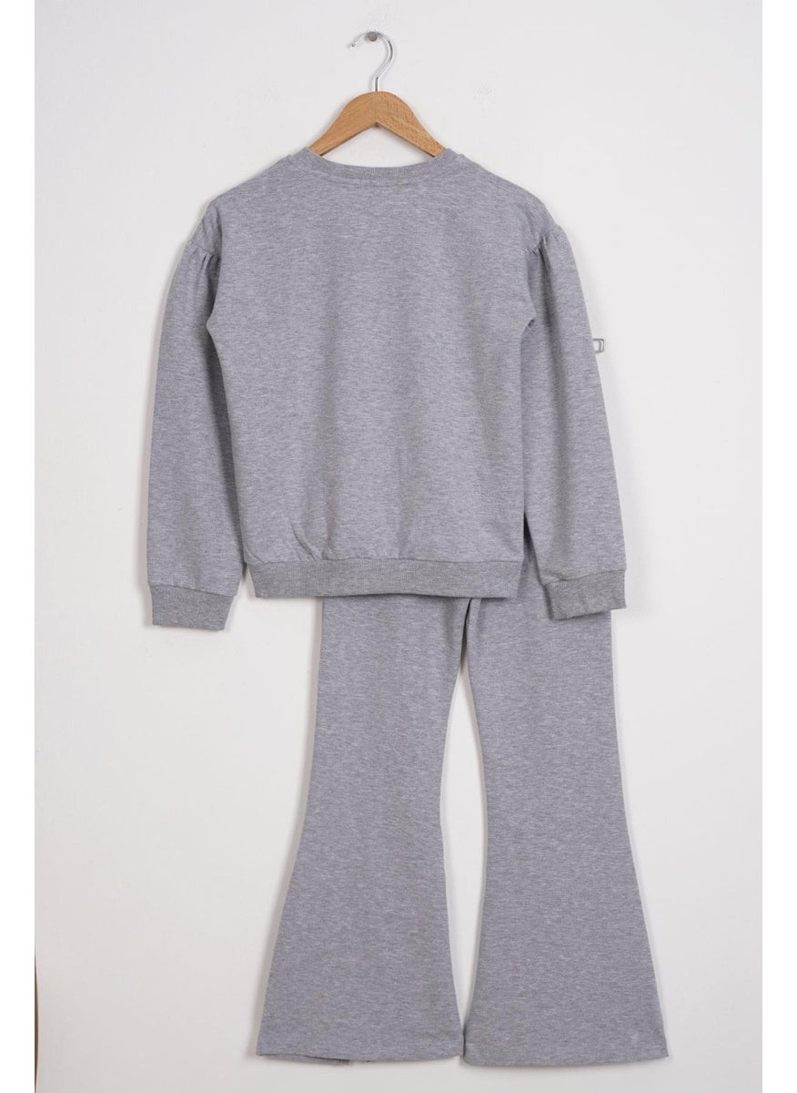 Crew Neck Long Sleeve Daisy Detailed Long Sleeve Gray Color Girls Tracksuit Set