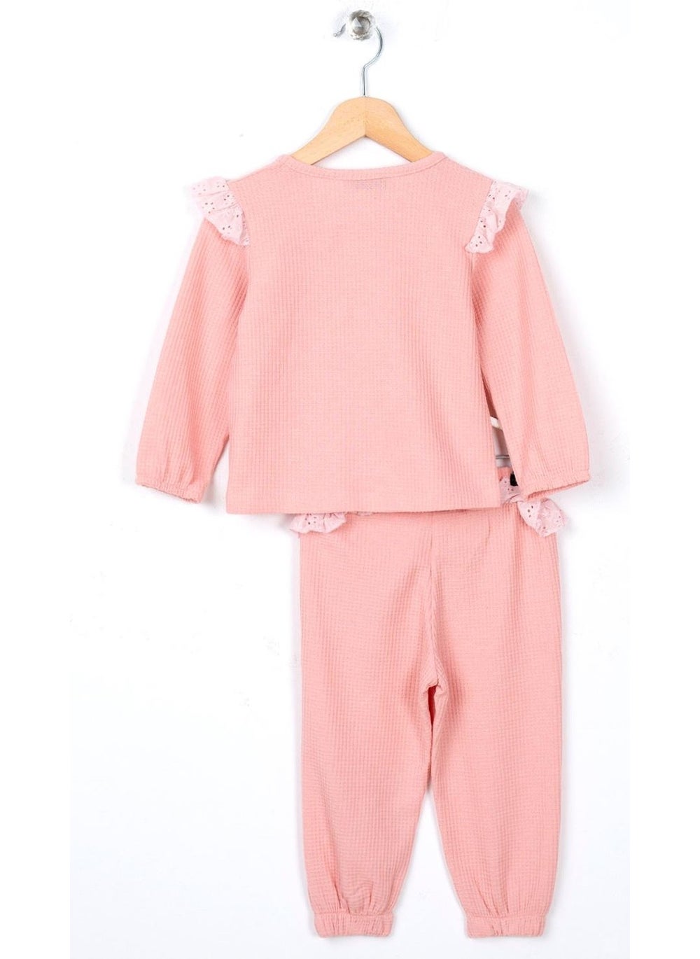 Girl Pink Colored Lace Shoulder Waist Waffle Patterned Two Piece Set
