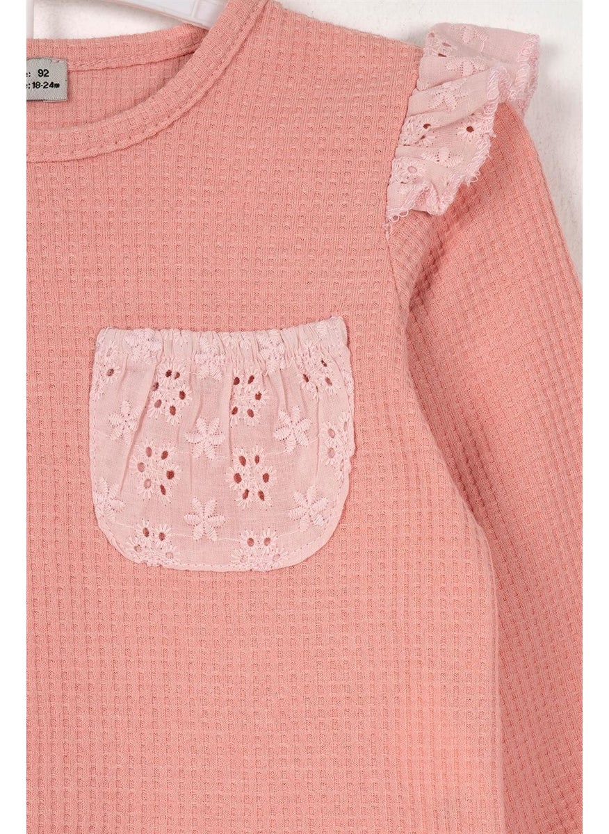 Girl Pink Colored Lace Shoulder Waist Waffle Patterned Two Piece Set