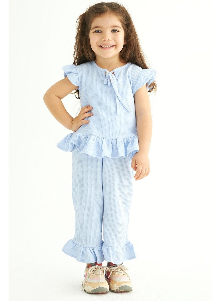 Crew Neck Short Sleeve Waffle Frilled Double Breasted Suit Baby Blue Color Girl's Double Suit