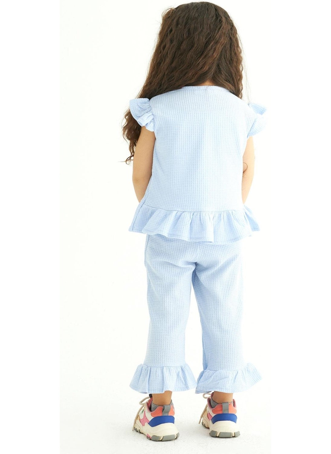 Crew Neck Short Sleeve Waffle Frilled Double Breasted Suit Baby Blue Color Girl's Double Suit