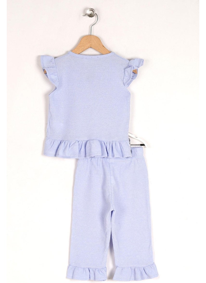 Crew Neck Short Sleeve Waffle Frilled Double Breasted Suit Baby Blue Color Girl's Double Suit