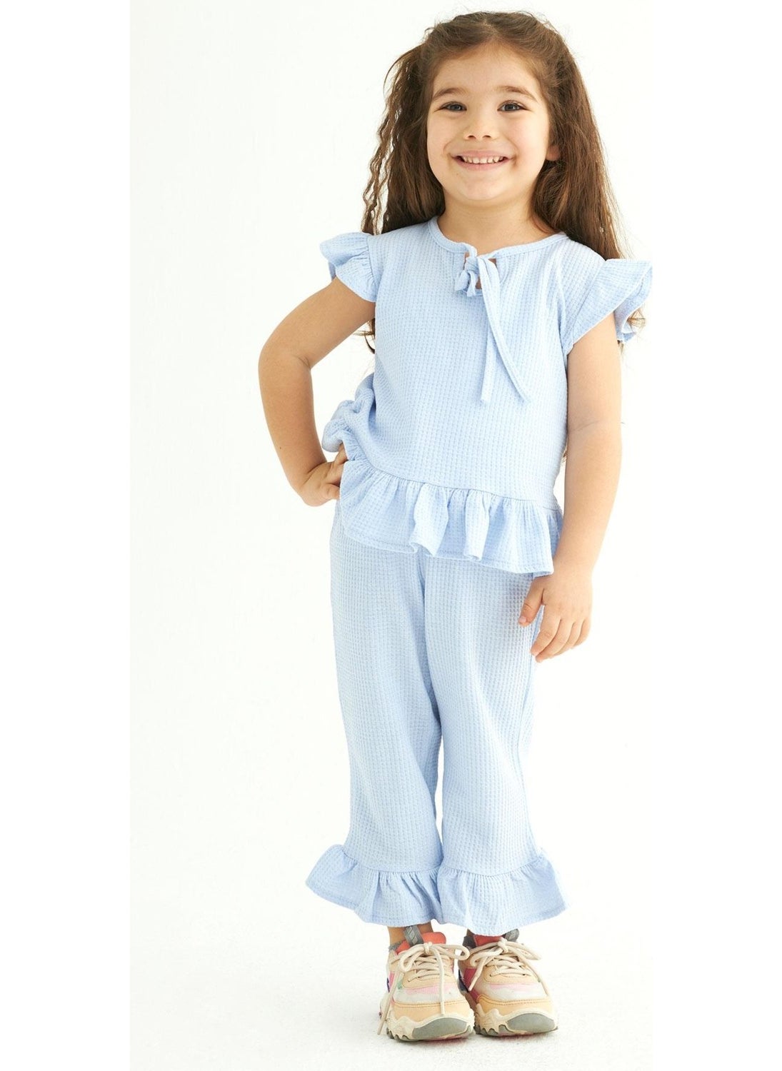Crew Neck Short Sleeve Waffle Frilled Double Breasted Suit Baby Blue Color Girl's Double Suit