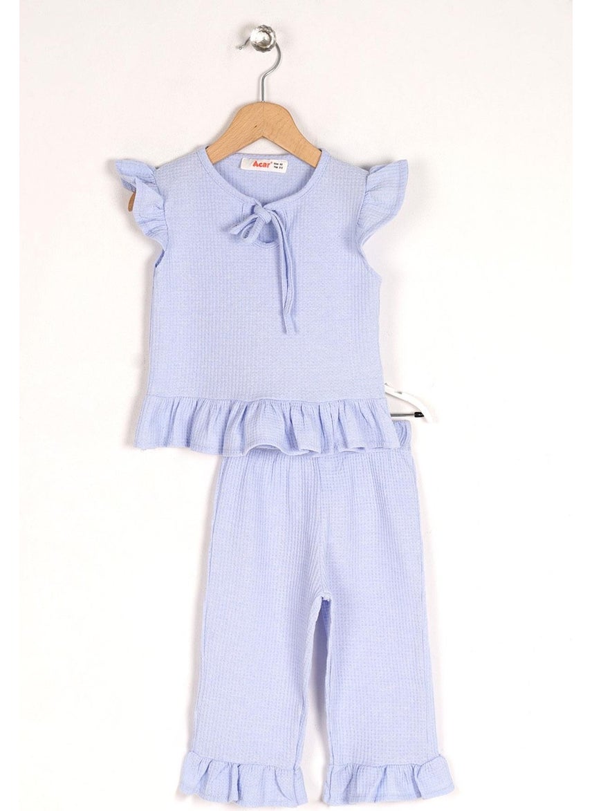 Crew Neck Short Sleeve Waffle Frilled Double Breasted Suit Baby Blue Color Girl's Double Suit