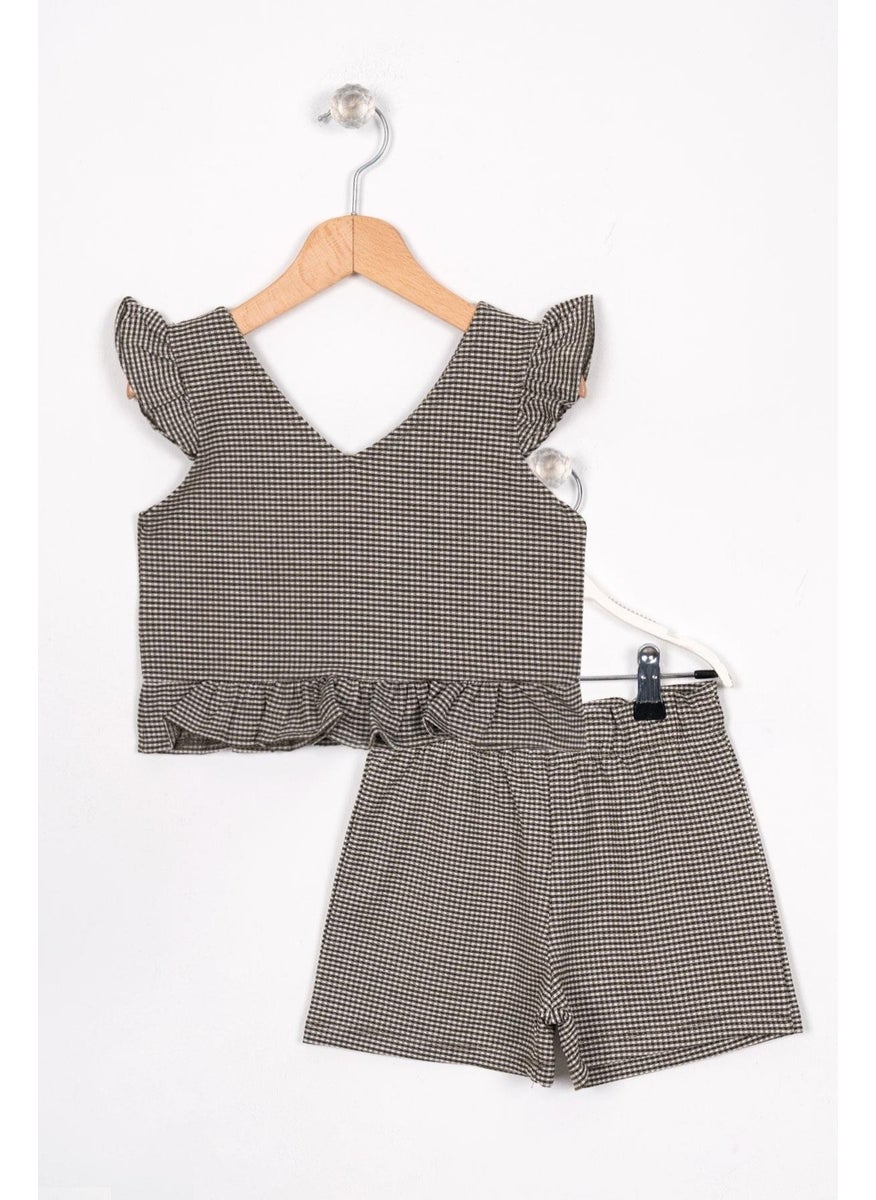 V Neck Zero Sleeve Ruffle Detailed Khaki Color Girl Shorts Set