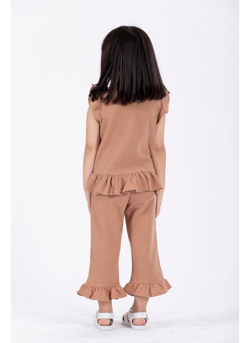 Crew Neck Short Sleeve Waffle Frilled Double Breasted Suit Brown Color Girl's Double Suit