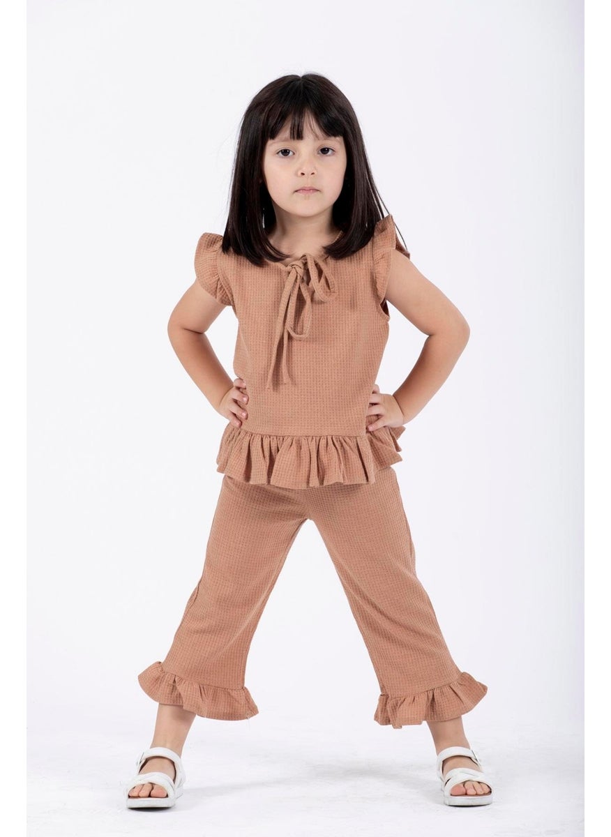 Crew Neck Short Sleeve Waffle Frilled Double Breasted Suit Brown Color Girl's Double Suit
