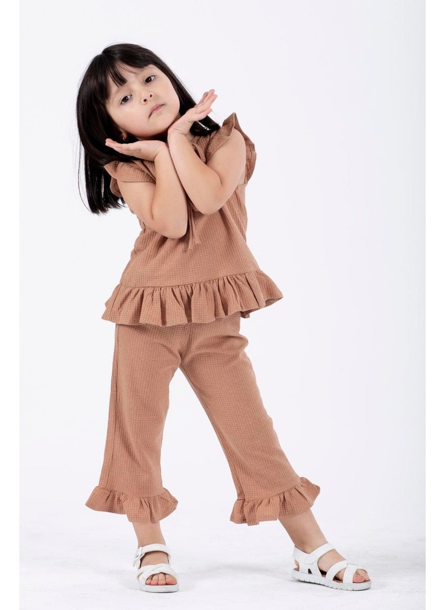Crew Neck Short Sleeve Waffle Frilled Double Breasted Suit Brown Color Girl's Double Suit