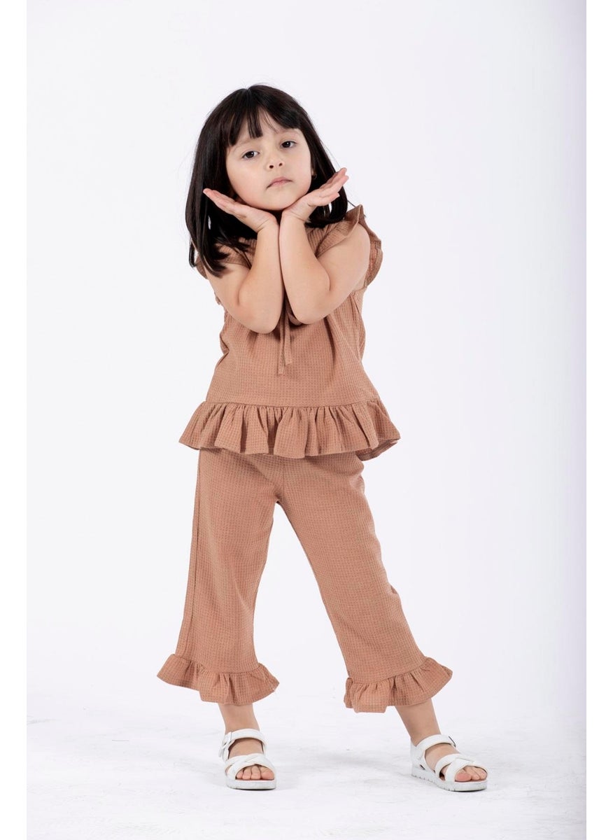 Crew Neck Short Sleeve Waffle Frilled Double Breasted Suit Brown Color Girl's Double Suit