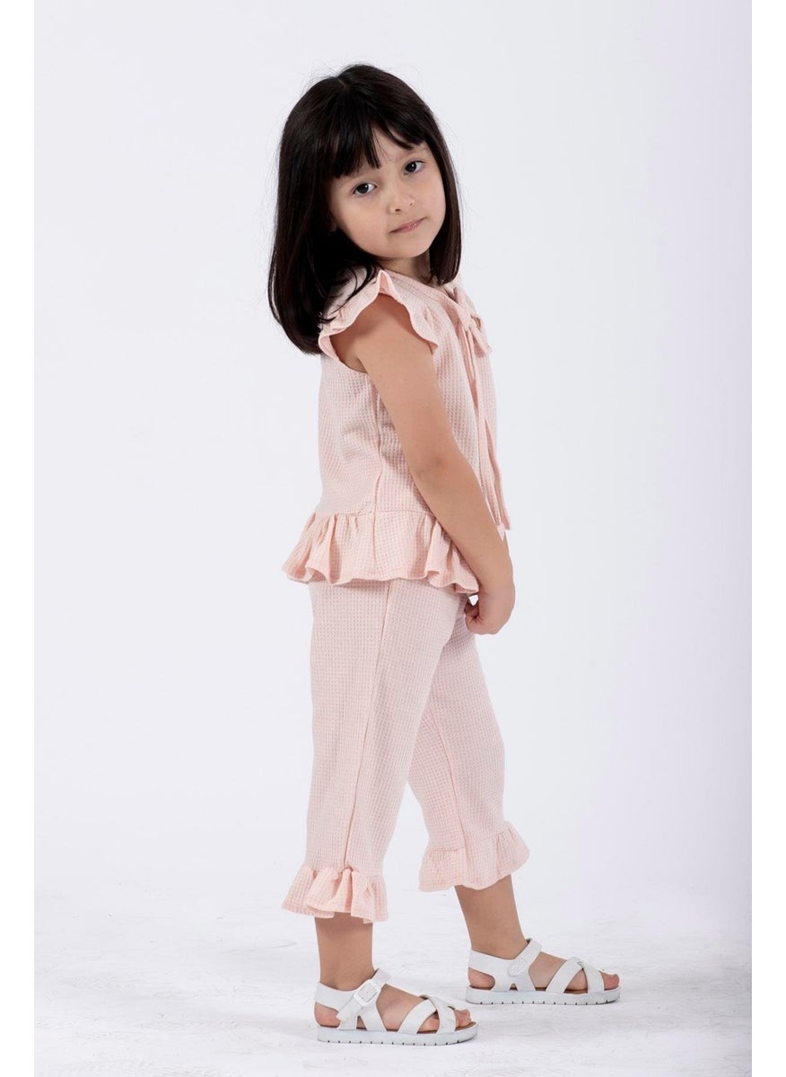 Crew Neck Short Sleeve Waffle Frilled Two Piece Set Powder Color Girls Two Piece Set