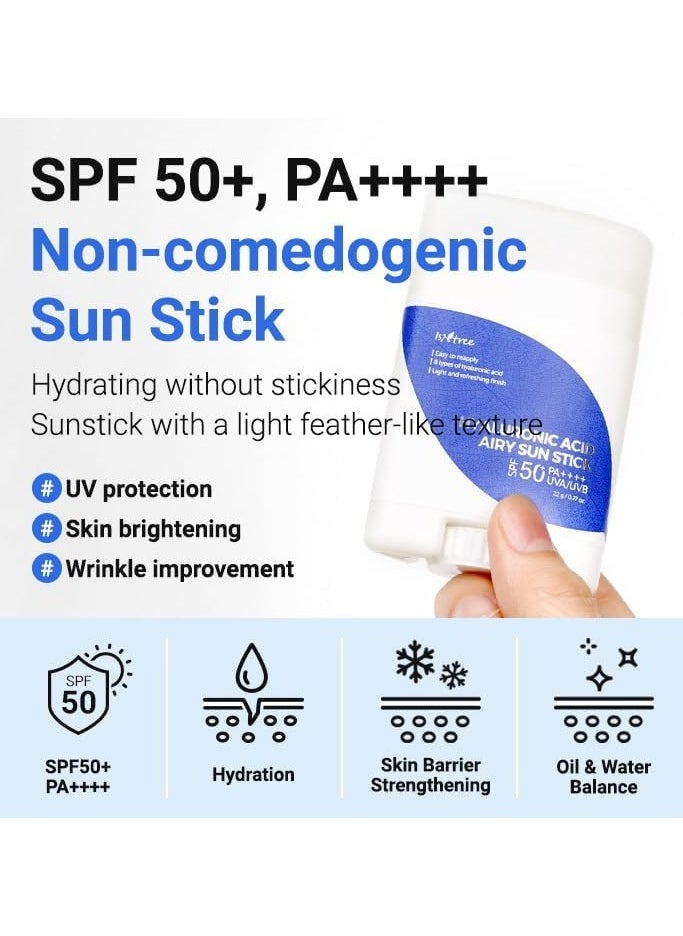 ISNTREE Hyaluronic Acid Airy Sun Stick SPF 50+ 22g – Lightweight, Hydrating Sunscreen Stick for Face & Body – Non-Greasy, Broad Spectrum Protection, Korean Skincare