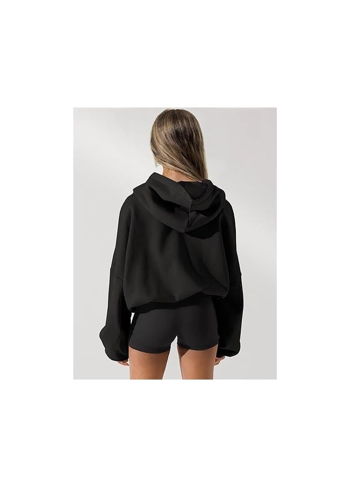 Women's long-sleeved hooded zipper hoodie cardigan casual sport coat black