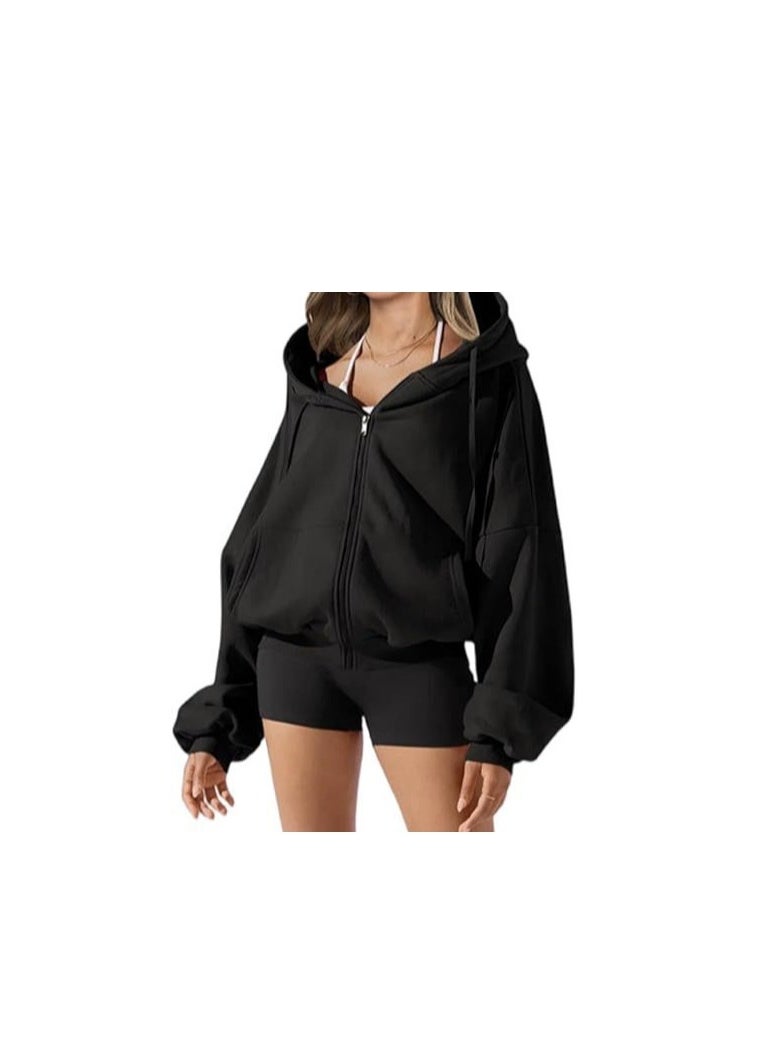 Women's long-sleeved hooded zipper hoodie cardigan casual sport coat black