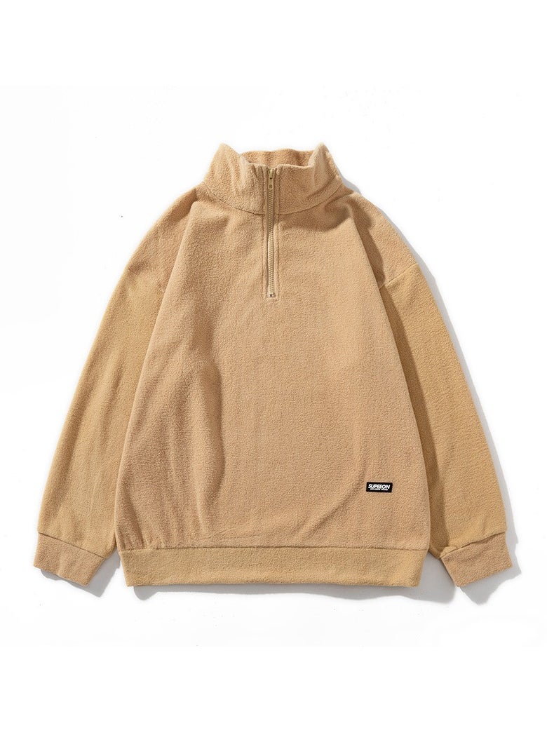 Top loose plush hoodie half cardigan hoodie khaki