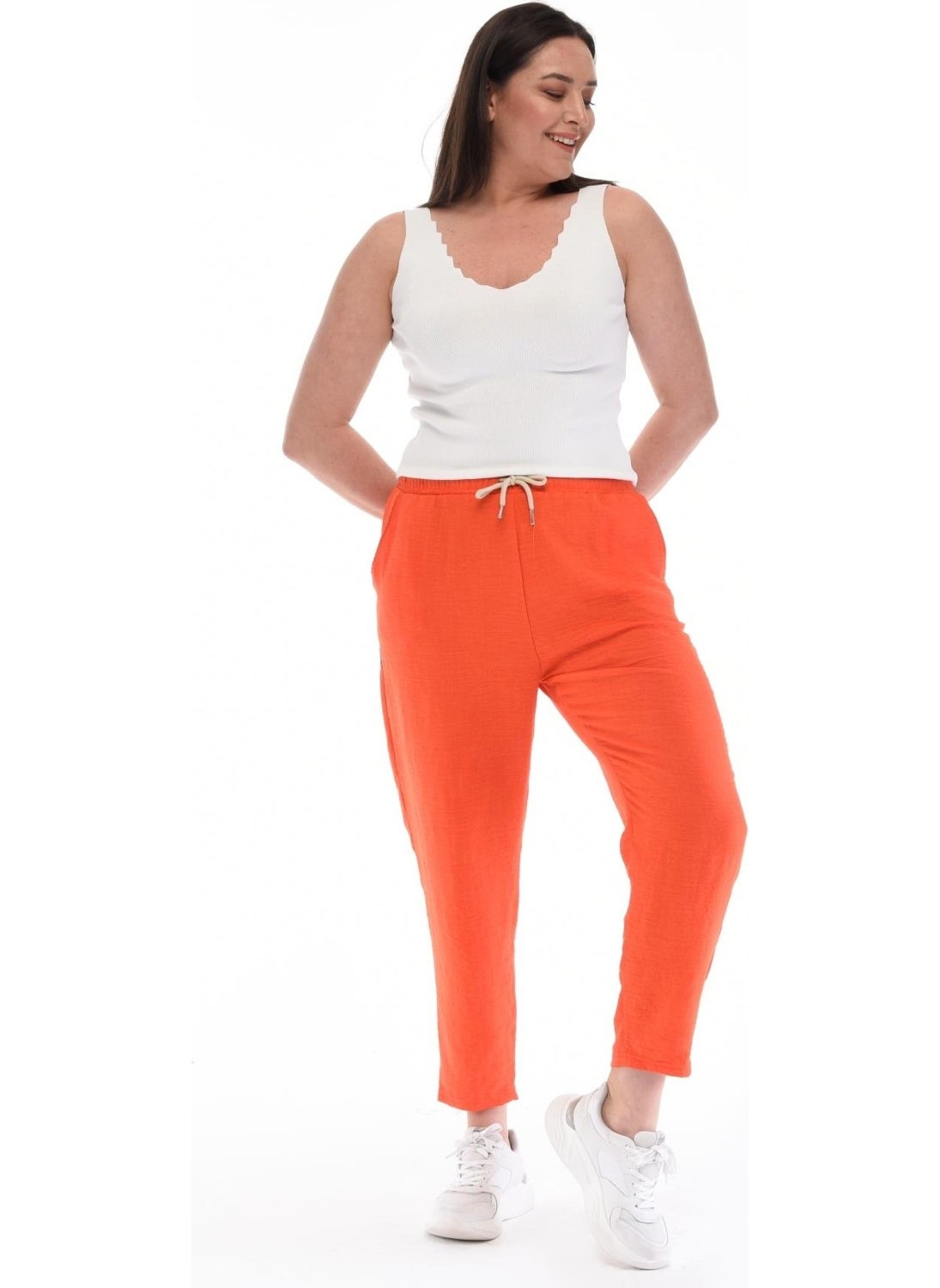 Women's Plus Size Synthetic Linen High Waist Elastic Skinny Leg Mom Pants C611