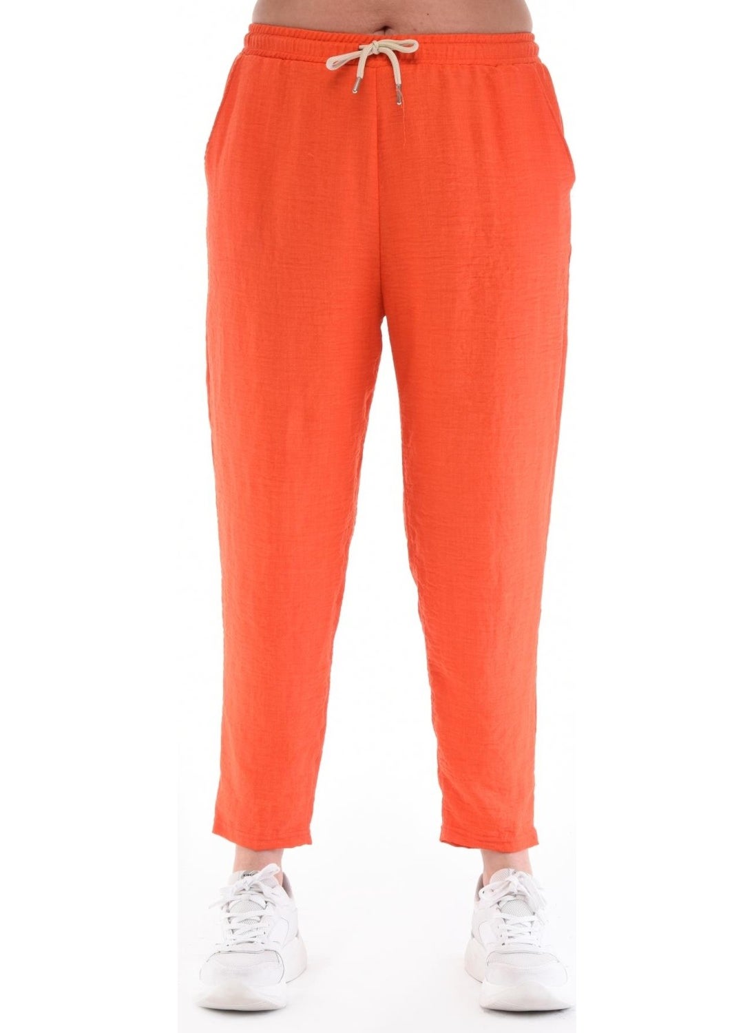 Women's Plus Size Synthetic Linen High Waist Elastic Skinny Leg Mom Pants C611