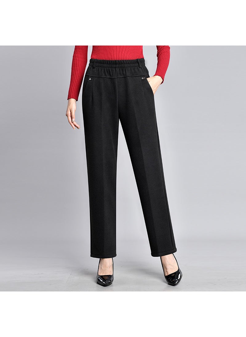High Waist Fleece Lined Straight Leg Casual Pants for Middle-Aged Mothers Comfortable Winter Long Trousers Womens Fashion Black [Spring and Autumn regular]]