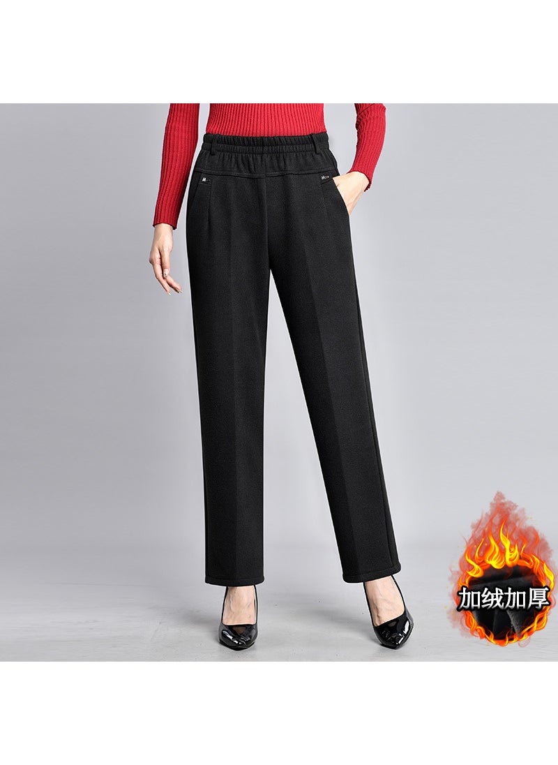 High Waist Fleece Lined Straight Leg Casual Pants for Middle-Aged Mothers Comfortable Winter Long Trousers Womens Fashion Black [fleece-lined thickening]]