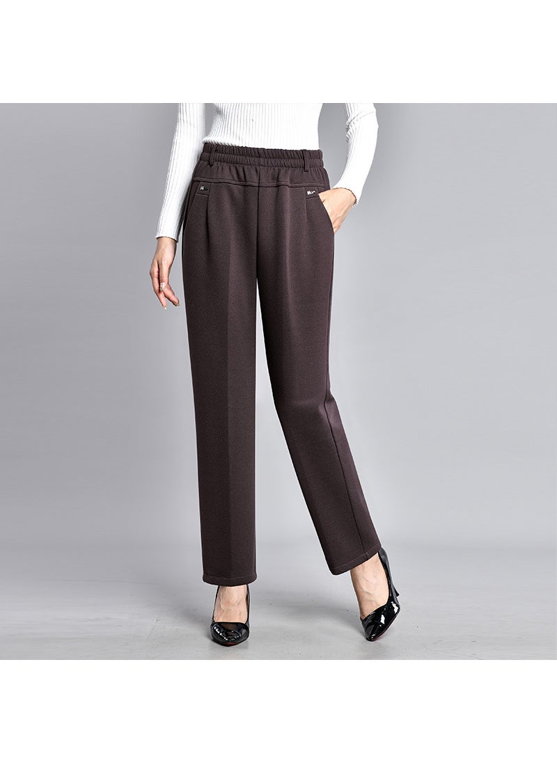 High Waist Fleece Lined Straight Leg Casual Pants for Middle-Aged Mothers Comfortable Winter Long Trousers Womens Fashion brown [Spring and Autumn regular]]