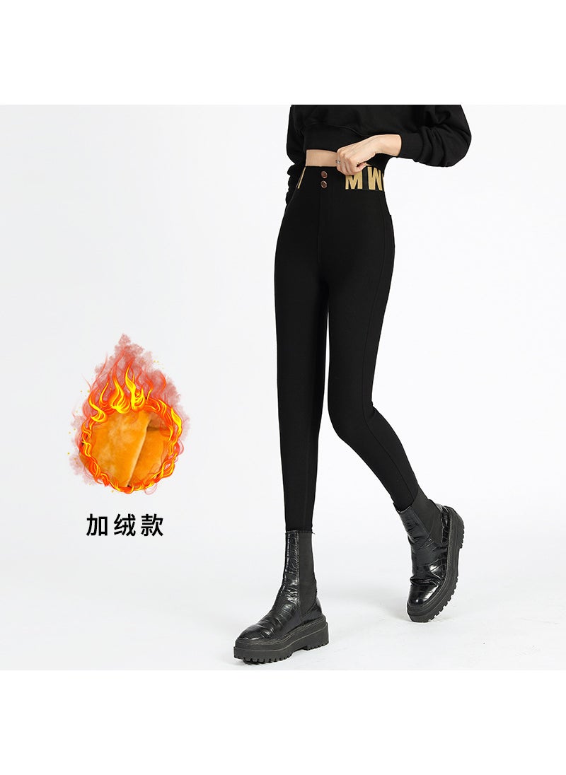 High-waist Women Bottoming Trousers Autumn Versatile Four-way Elastic Slimming Black Small-foot Trousers Fiber-like Fabric 2333#-black plus Velvet