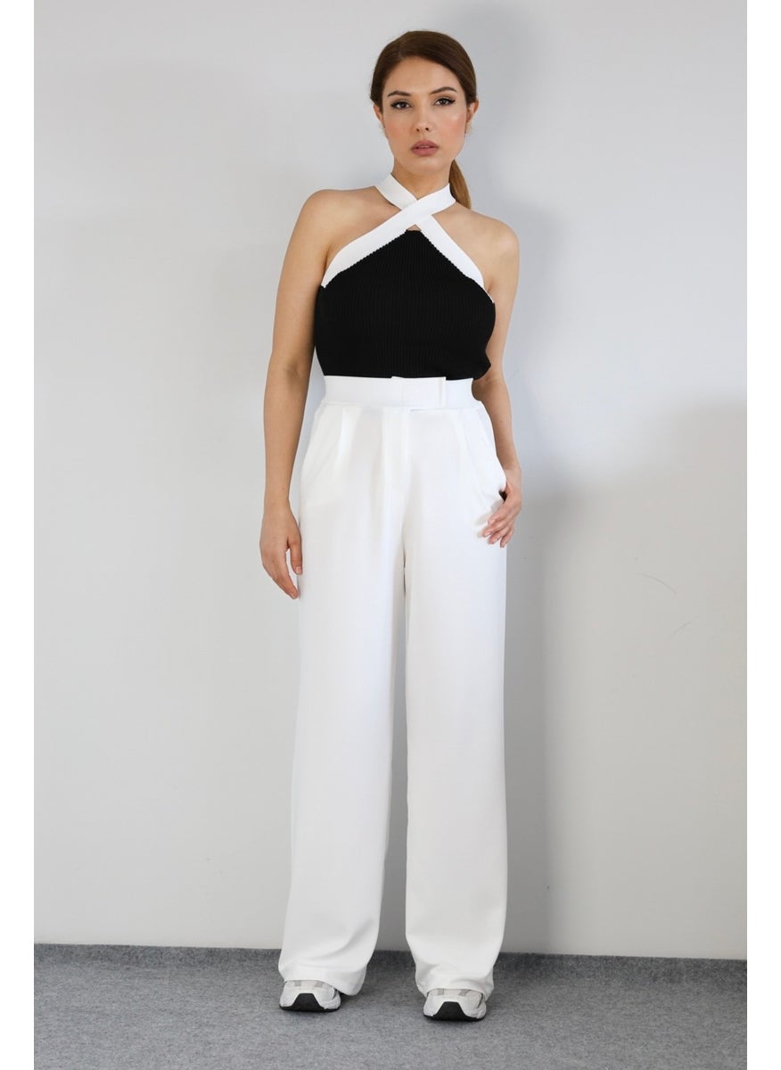 Line Women's Lycra Velcro Closure White Palazzo Trousers