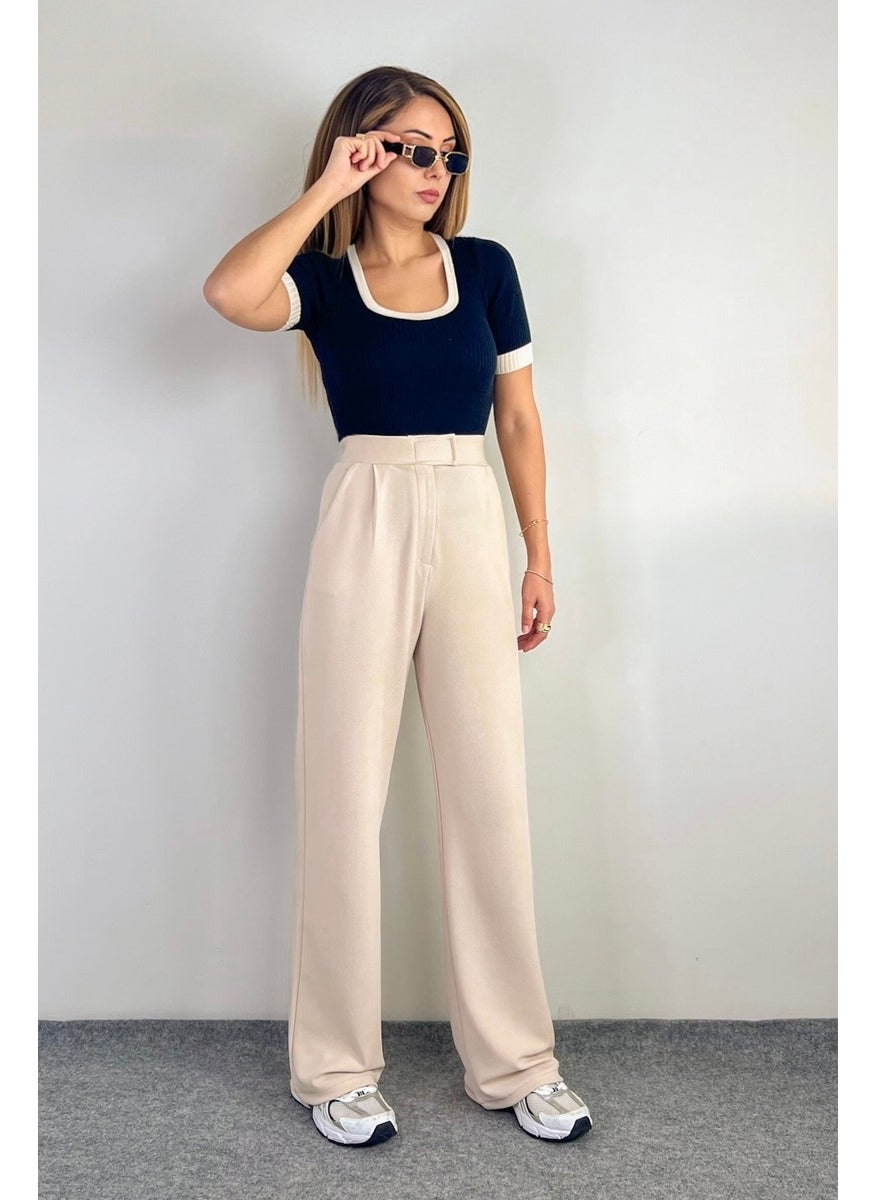 Line Women's Lycra Velcro Closure Light Beige Palazzo Trousers