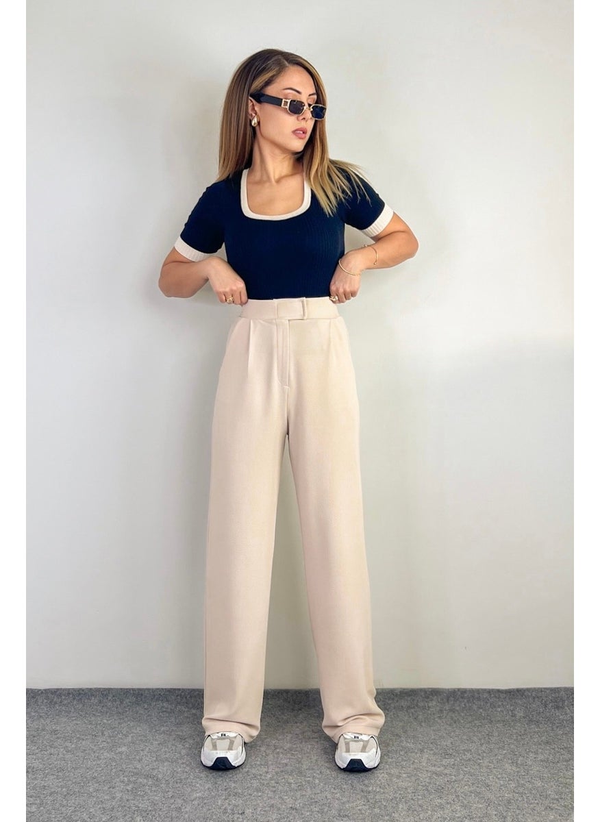 Line Women's Lycra Velcro Closure Light Beige Palazzo Trousers