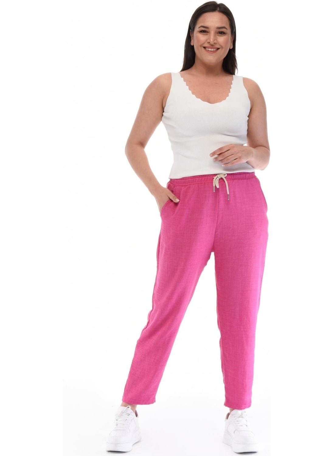 Women's Plus Size Synthetic Linen High Waist Elastic Skinny Leg Mom Pants C611