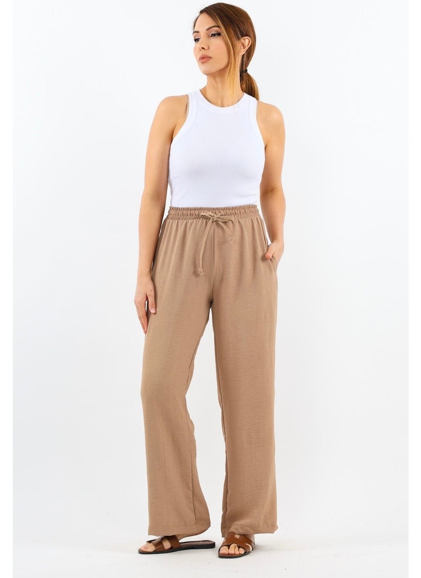 Women's Relaxed Beige Elastic Waist Straight Cut Pocket Ayrobin Trousers
