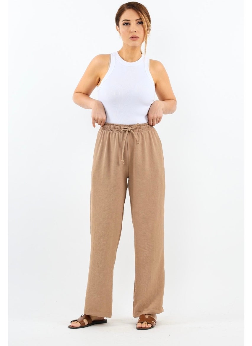 Women's Relaxed Beige Elastic Waist Straight Cut Pocket Ayrobin Trousers