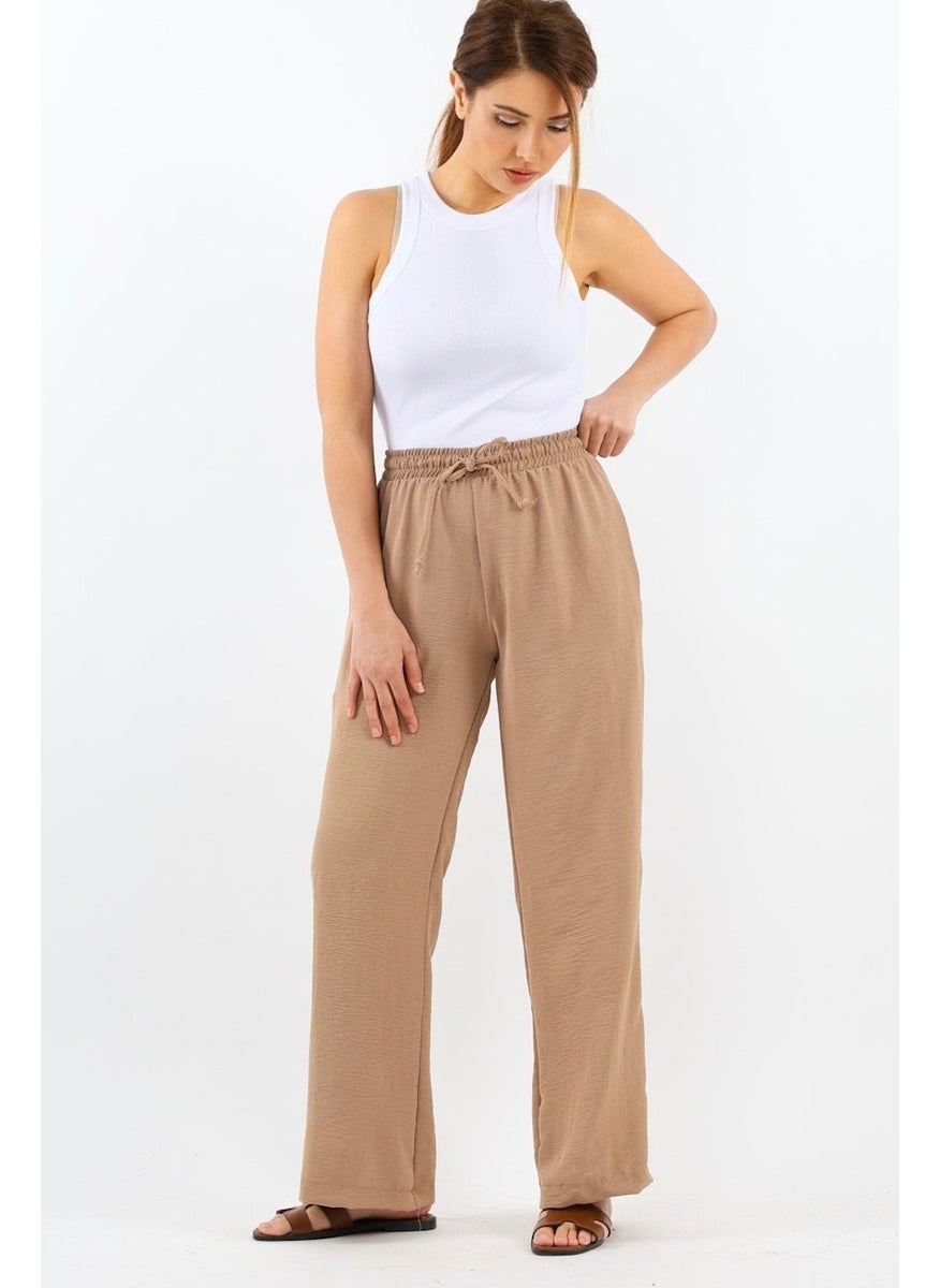 Women's Relaxed Beige Elastic Waist Straight Cut Pocket Ayrobin Trousers