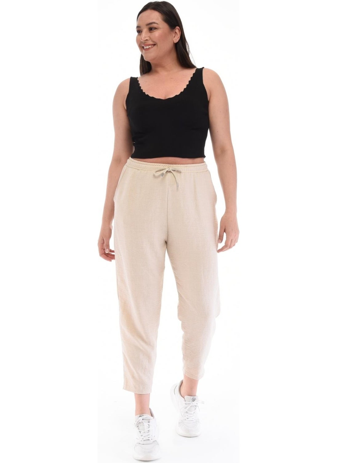 Women's Plus Size Synthetic Linen High Waist Elastic Skinny Leg Mom Pants C611