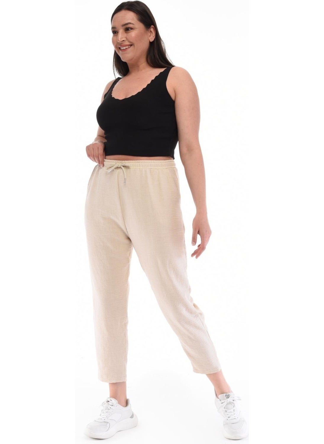Women's Plus Size Synthetic Linen High Waist Elastic Skinny Leg Mom Pants C611