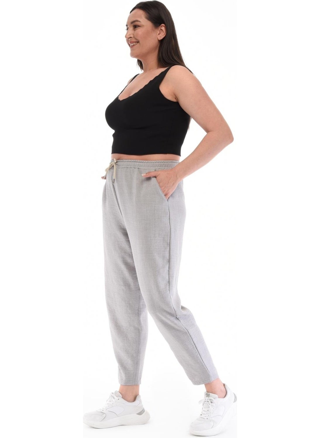 Women's Plus Size Synthetic Linen High Waist Elastic Skinny Leg Mom Pants C611