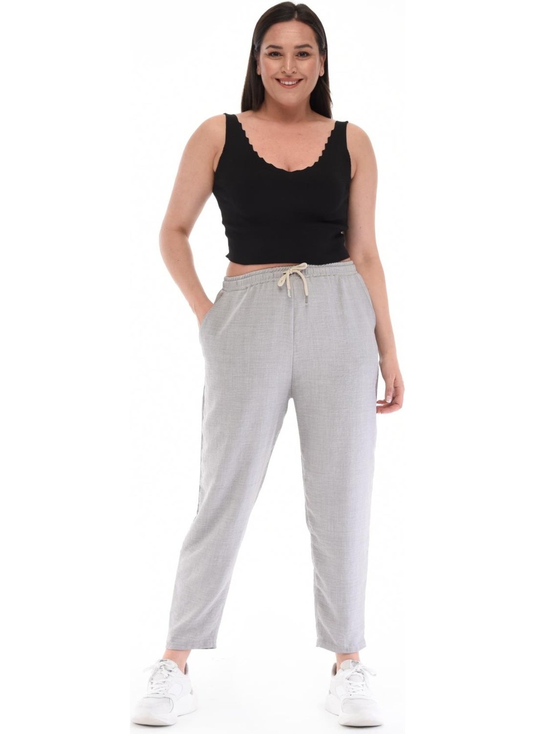 Women's Plus Size Synthetic Linen High Waist Elastic Skinny Leg Mom Pants C611