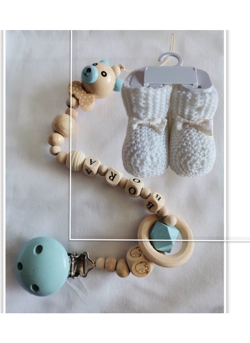 Named Baby Pacifier Chain and White Booties Set BEZYI885